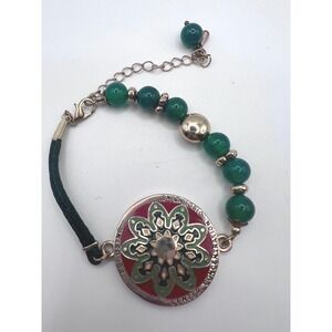 Inspirational‎ Medallion Bracelet Green Glass Beads Adjustable 7–9" Boho